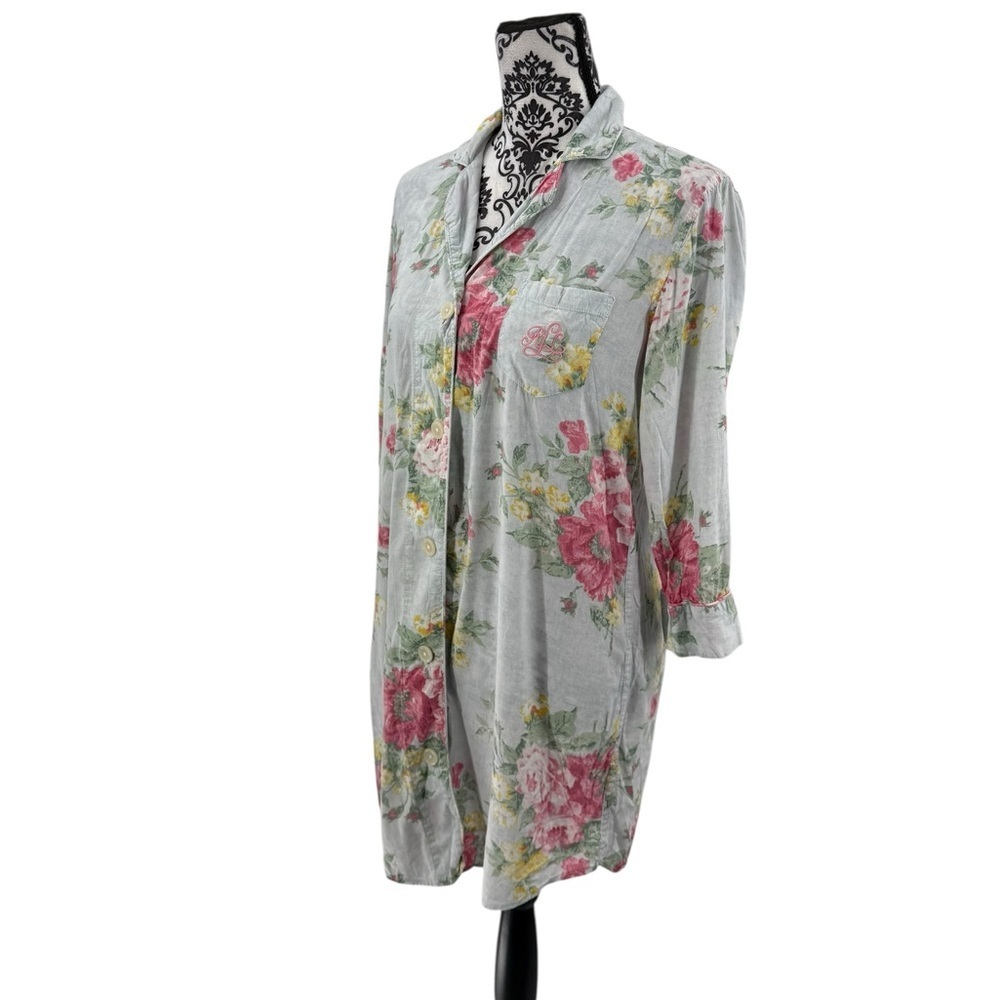 Lauren Ralph Lauren Floral Embroidered Soft Cotton Rayon Button-Up Nightshirt - Picture 10 of 16